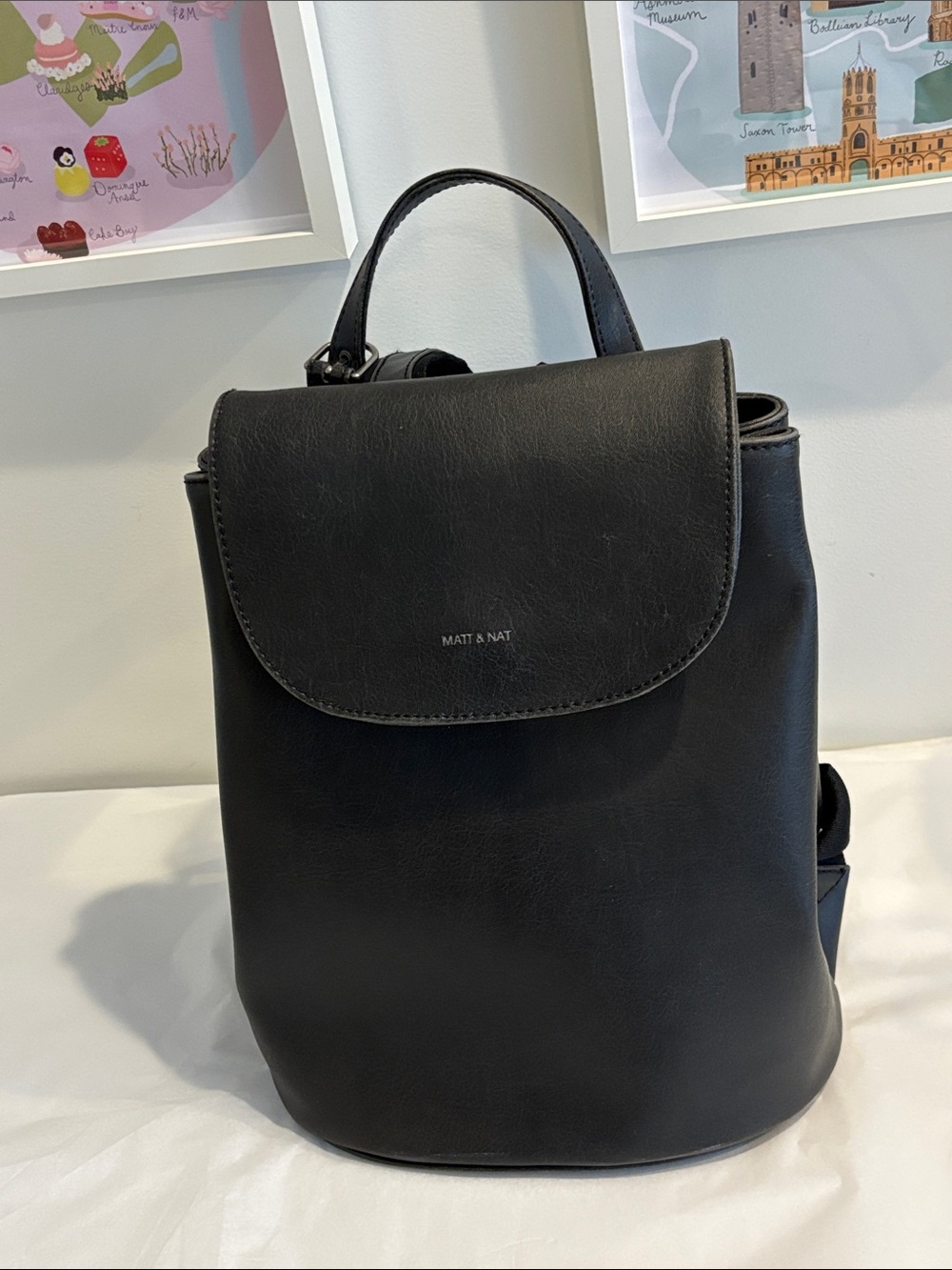 Matt & Nat Soho Black Vegan Backpack Flap magnetic closure top handle side snaps